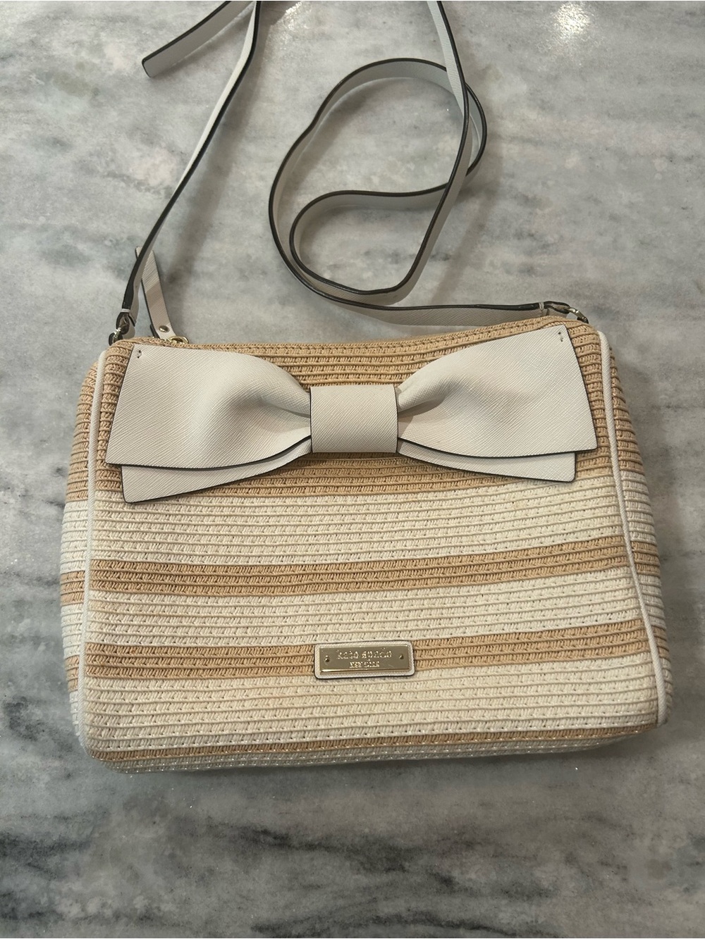 Kate Spade Woven Straw Crossbody Bag with Bow Cream and Beige